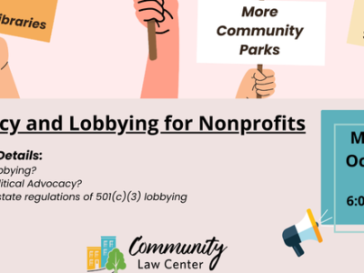 Graphic for political lobbying and advocacy presented by Community Law Center