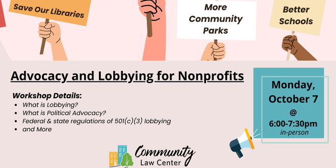 Graphic for political lobbying and advocacy presented by Community Law Center