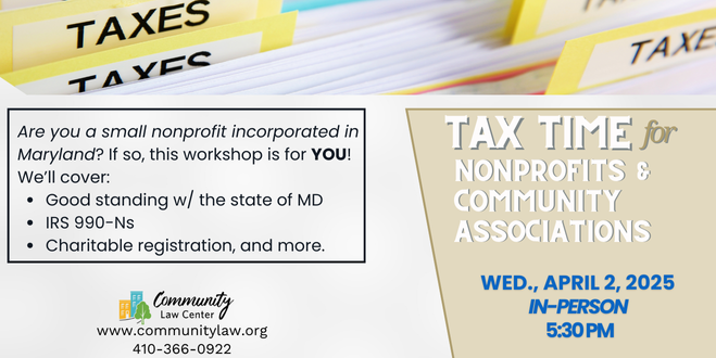 Graphic promoting tax time workshop hosted by Community Law Center